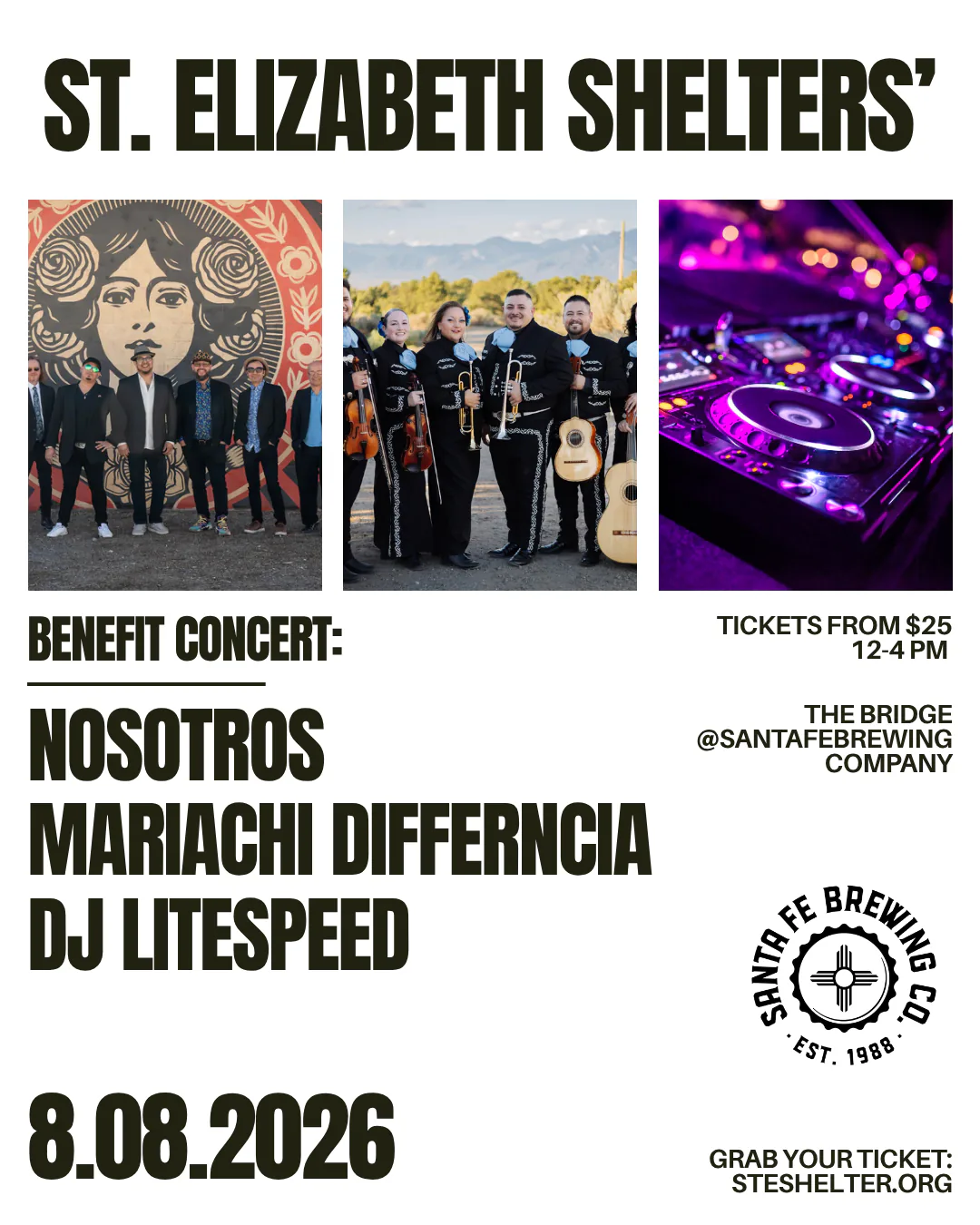 Benefit concert flyer for St. Elizabeth Shelters' 40th anniversary on August 8, 2026, 12:00 to 4:00 p.m. at The Bridge at Santa Fe Brewing Company. Performing: Nosotros, Mariachi Diferencia and DJ Litespeed. Tickets from $25 at steshelter.org.